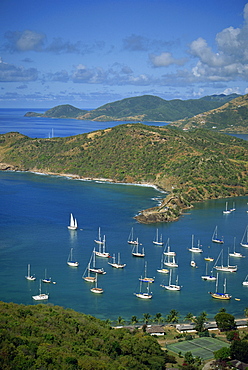 Aerial view over English Harbour, with moored yachts, Antigua, Leeward Islands, West Indies, Caribbean, Central America