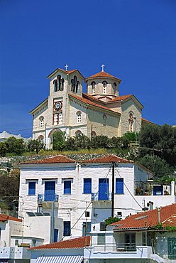 Church on hill above Batsi, Andros, Cyclades Islands, Greek Islands, Greece, Europe