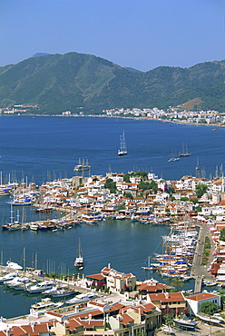 Low aerial view over the harbour and town of Marmaris, Anatolia, Turkey, Asia Minor, Eurasia