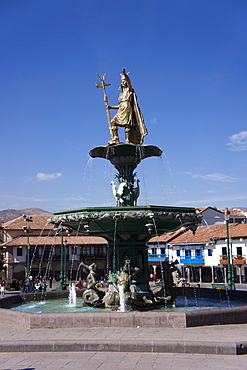 Inca warrior statue in the Plaza de Armas, Cuzco, Peru, South America