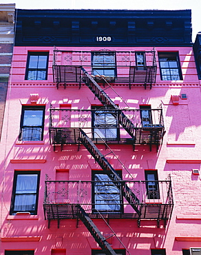 Pink facade and stairs in Soho, New York, New York State, USA, North America