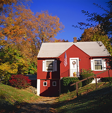 Red wooden house with American flag and pumpkin lantern surrounded by trees in fall colours near Litchfield, Connecticut, New England, United States of America, North America