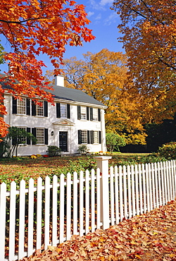 Clapperboard houses and fence in autumn, Lexington, Massachusetts, New England, USA, North America