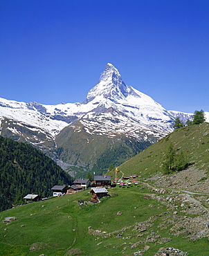 Chalets and restaurants below the Matterhorn in Switzerland, Europe