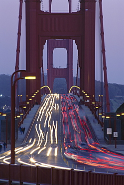 Traffic on the Golden Gate bridge at dusk, San Francisco, California, United States of America (U.S.A.), North America