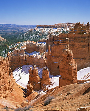 Snow on pinnacles and rock formations in the Bryce Canyon National Park in Utah, United States of America, North America