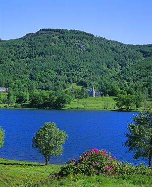 View across Loch Achray to An Tigh Mor, Trossachs, Stirling (Central), Scotland, UK, Europe