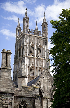 Cathedral tower from the northwest, Gloucester, Gloucestershire, England, United Kingdom, Europe