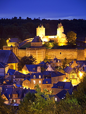 Castle and old town at night, Fougeres, Brittany, France, Europe