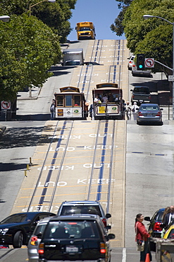 View up Powell Street from Union Square with two cable cars, San Francisco, California, United States of America, North America