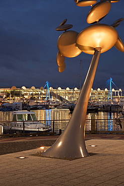 Cytoplasm sculpture by Phil Price at night, Viaduct Walkway, Viaduct Events Centre in background, Auckland, North Island, New Zealand, Pacific