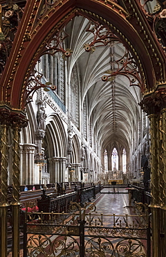 Quire seen through the Skidmore screen, Lichfield Cathedral, Staffordshire, England, United Kingdom, Europe