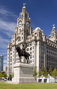 The Royal Liver Building, and statue of Edward VII, Liverpool, Merseyside, England, United Kingdom, Europe