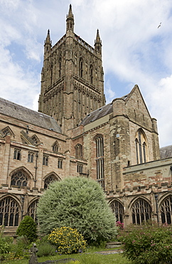 Tower and South transept from cloister garth, Worcester Cathedral, Worcester, England, United Kingdom, Europe