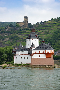 Pfalzgrafenstein Castle, Gutenfels Castle in background, near Kaub, River Rhine, Germany, Europe