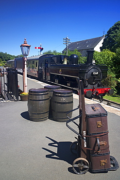 A steam train approaches Staverton Station on the South Devon Railway, Staverton, Devon, England, United Kingdom, Europe