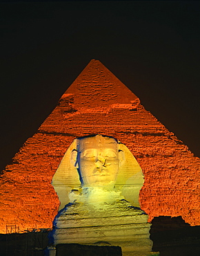 The Sphinx and one of the pyramids illuminated at night, Giza, UNESCO World Heritage Site, Cairo, Egypt, North Africa, Africa