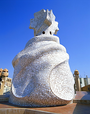 Roof and chimneys of the Casa Mila, a Gaudi house, UNESCO World Heritage Site, in Barcelona, Cataluna, Spain, Europe