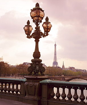 The Eiffel Tower seen from the Pont Alexandre III at dusk, Paris, France 