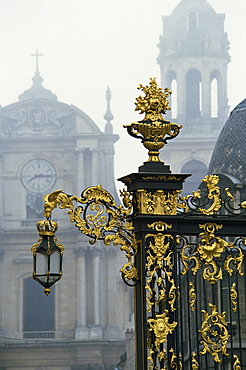 Restored gilded wrought iron work and lamp by Lamor in the Place Stanislas in Nancy, UNESCO World Heritage Site, Lorraine, France, Europe