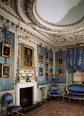 Blue Boudoir including a copy of Holbein's portrait of Henry VIII, Warwick Castle, Warwickshire, England, United Kingdom, Europe