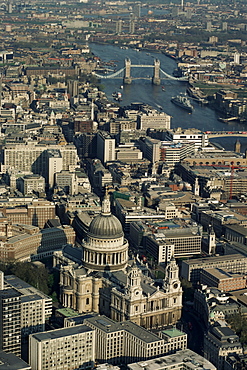 Aerial view of St. Pauls Cathedral, Tower Bridge and the River Thames, London, England, United Kingdom, Europe