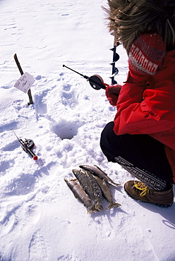 Ice fishing, Gola Lake area, Norway, Scandinavia, Europe