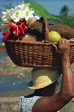 Woman carrying basket on her hand on market day, Roseau, Dominica, Windward Islands, West Indies, Caribbean, Central America