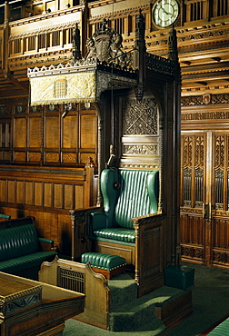 Interior of the Commons chamber, Houses of Parliament, Westminster, London, England, United Kingdom, Europe