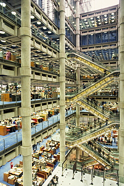 Large atrium in the Lloyd's Building, designed by Richard Rogers, City of London, London, England, United Kingdom, Europe