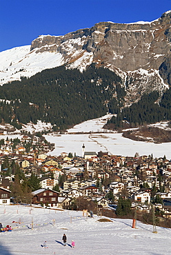 The ski resort of Flims in winter with snow on the ground in the Graubunden region of Switzerland, Europe