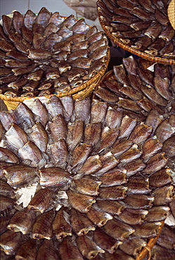 Fish laid out in patterns in baskets in a street market in Bangkok, Thailand, Southeast Asia, Asia