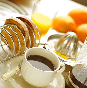 Breakfast, coffee, toast, fresh orange juice