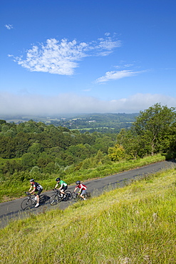 Cyclists on The Zig Zag, Box Hill, Site of 2012 Olympic cycling road race, Surrey Hills, North Downs, Surrey, England, United Kingdom, Europe