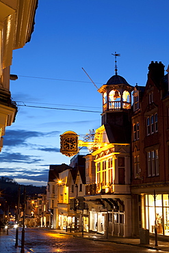 Guildford High Street and Guildhall at dusk, Guildford, Surrey, England, United Kingdom, Europe