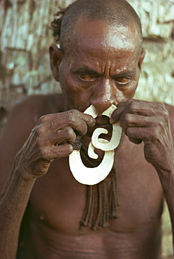 Portrait of an elderly Asmat man inserting a nose ornament, in Papua New Guinea, Pacific Islands, Pacific