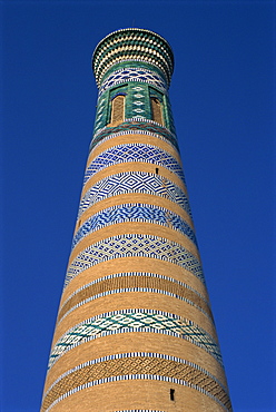 Architectural details of bricks and tiles on the Islom-Huja minaret in Khiva, Uzbekistan, Central Asia, Asia