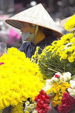 Woman wearing traditional hat and selling fresh cut flowers, Dong Xuan market, Hanoi, Vietnam, Southeast Asia, Asia