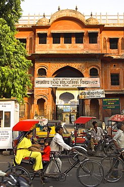 Ochre facade of old building, Sireh Deori Bazaar, Old City, Jaipur, Rajasthan state, India, Asia