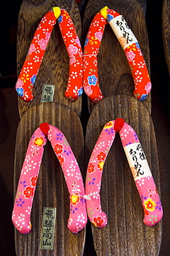 Traditional shoes with wooden sole and colourful straps, Sanmachi, Takayama, Hida District, Honshu, Japan, Asia