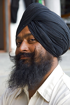 Portrait of an elegant Sikh man with black turban, beard and mustache, Kaza, Spiti, Himachal Pradesh, India, Asia