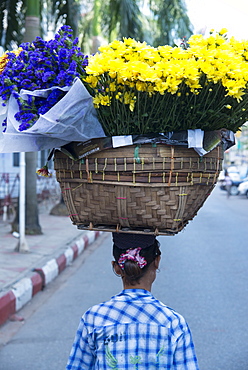 Woman carrying large flower basket on her head, Yangon (Rangoon), Myanmar (Burma), Asia