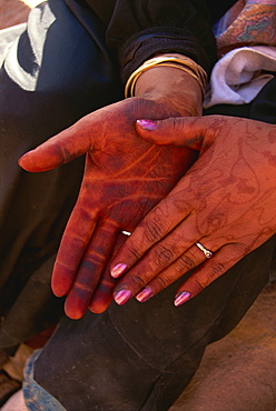 Woman's hands with henna colour, Wadi Rum, Jordan, Middle East