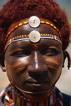 Samburu Moran wearing traditional beads, Sererit, Kenya, East Africa, Africa