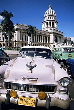 Parliament House and 1950s American cars, Havana, Cuba, West Indies, Central America