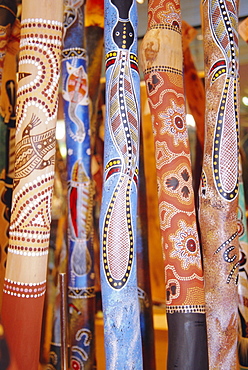 Traditional hand painted colourful didgeridoos, Australia