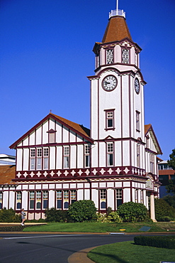 Central clock tower and tourism office on High Street, Rotorua, North Island, New Zealand, Pacific