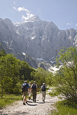 Tourist group in summer in Vrata valley walking towards Triglav mountain, the highest in Slovenia, Triglav National Park, Julian Alps, Mojstrana, Dolina, Slovenia, Europe