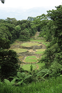 Looking down from viewpoint on excavated site of pre-Columbian city, Guayabo National Monument, Turrialba, Costa Rica, Central America