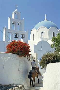 Figure on donkey passing church bell tower and dome, Vothonas, Santorini (Thira), Cyclades Islands, Greece, Europe